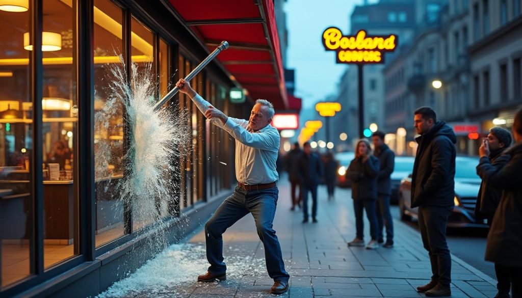 un conducteur furieux, refusé à l'entrée d'un restaurant, détruit la vitrine en acte de vengeance, suscitant choc et stupeur parmi les témoins.