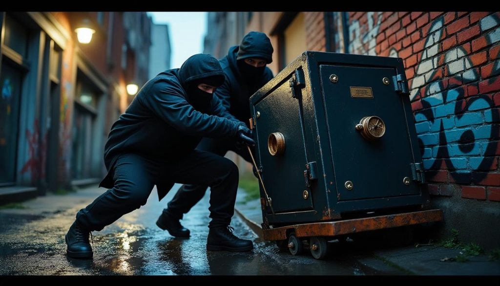 des cambrioleurs dérobent un coffre-fort et tentent de fuir, mais leur fuite tourne court lorsqu'ils restent bloqués à quelques mètres seulement, révélant une tentative de vol mouvementée.