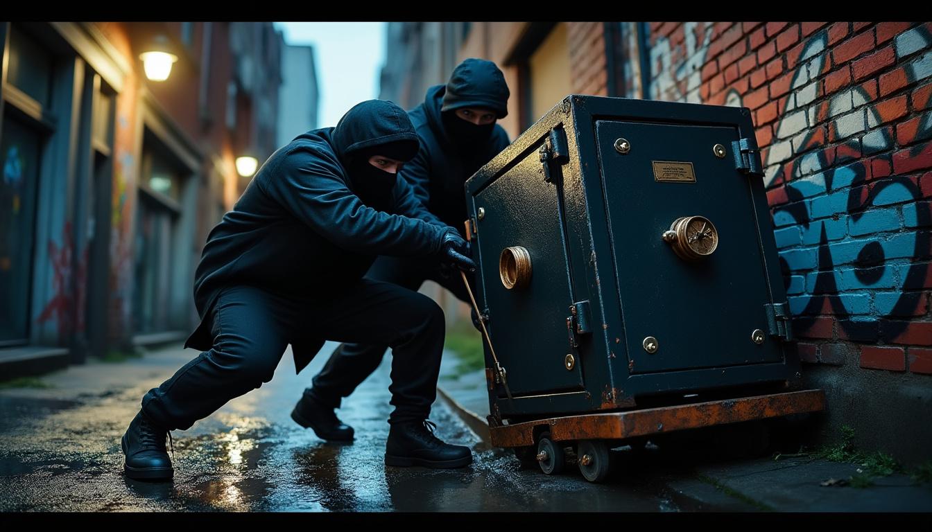 des cambrioleurs dérobent un coffre-fort et tentent de fuir, mais leur fuite tourne court lorsqu'ils restent bloqués à quelques mètres seulement, révélant une tentative de vol mouvementée.