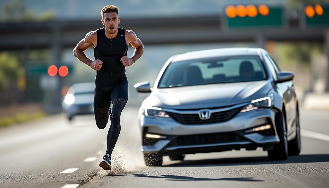 un coureur professionnel survit miraculeusement à une collision à plus de 100 km/h avec une voiture, échappant de justesse au pire.