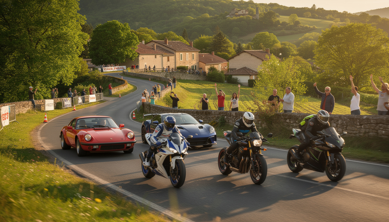 découvrez la passion sportive à saint-pierre-la-palud avec des voitures et motos en pleine action, un événement animé pour tous les amateurs de vitesse et de moteurs.