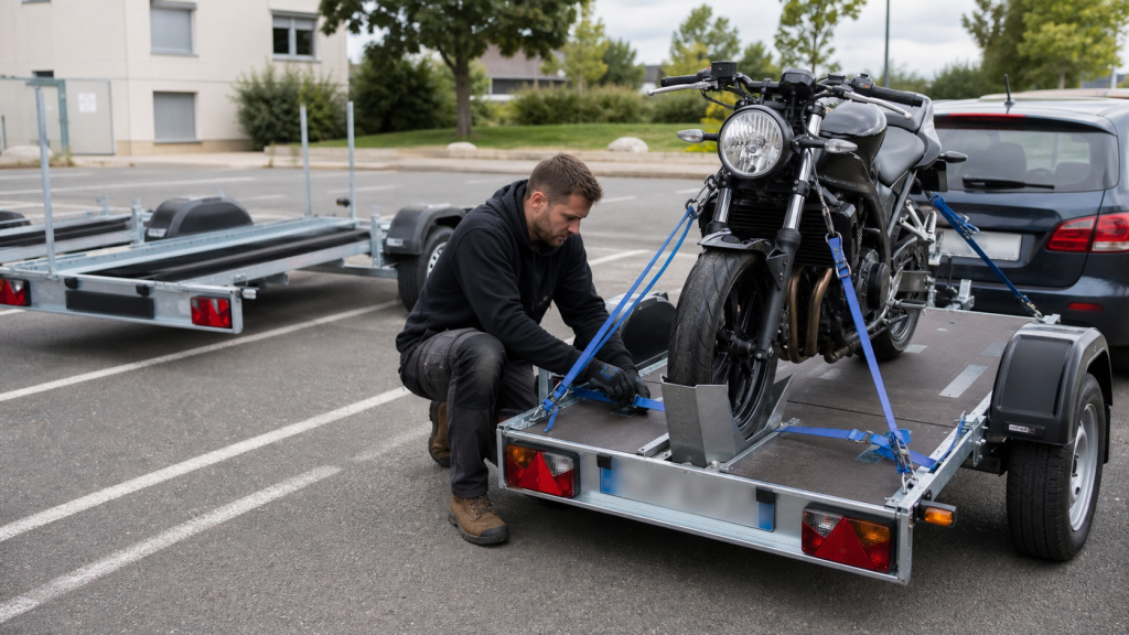 Moto sanglée sur une remorque attelée avant son transport