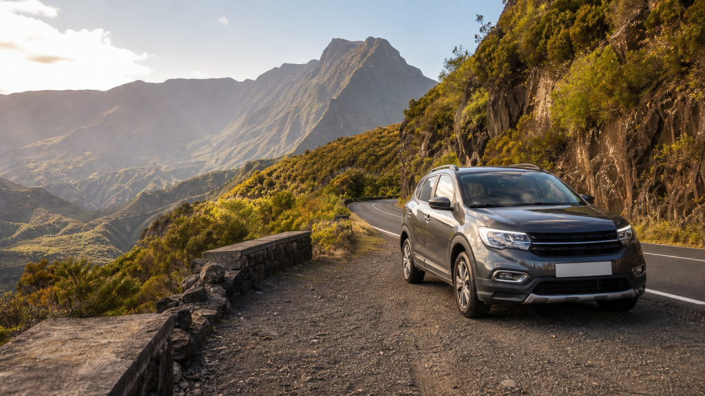 SUV compact garé sur la route de Cilaos à La Réunion, avec une route sinueuse, des falaises volcaniques, une végétation tropicale luxuriante et le cirque de Cilaos en arrière-plan