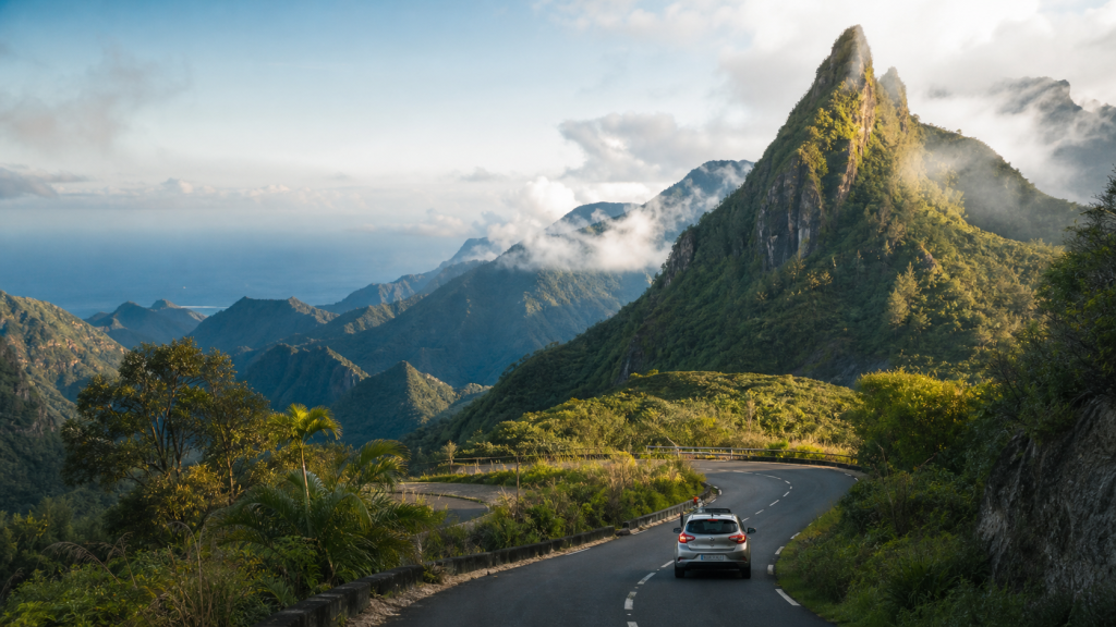 Route sinueuse de montagne à La Réunion, traversant une végétation tropicale luxuriante vers des sommets volcaniques et l’océan Indien, avec une voiture en road trip.