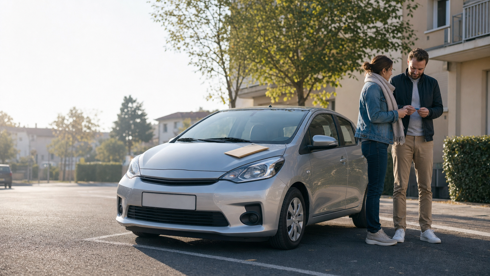 Voiture compacte stationnée devant une résidence française, avec un couple examinant des clés pour illustrer le leasing voiture RSA.