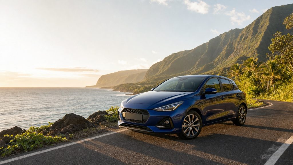Voiture de location bleue sur une route côtière de La Réunion, face à l’océan Indien et aux montagnes tropicales au coucher du soleil