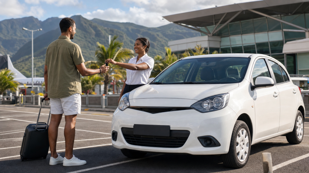 Voyageur récupérant les clés d’une voiture de location avec sa valise sur le parking de l’aéroport Roland-Garros à La Réunion.