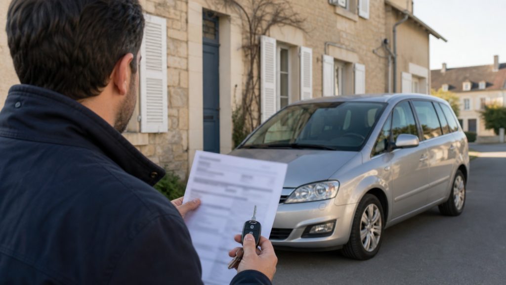 Conducteur tenant des clés et un document d’assurance flou devant une voiture familiale de plus de dix ans, dans une rue résidentielle française.