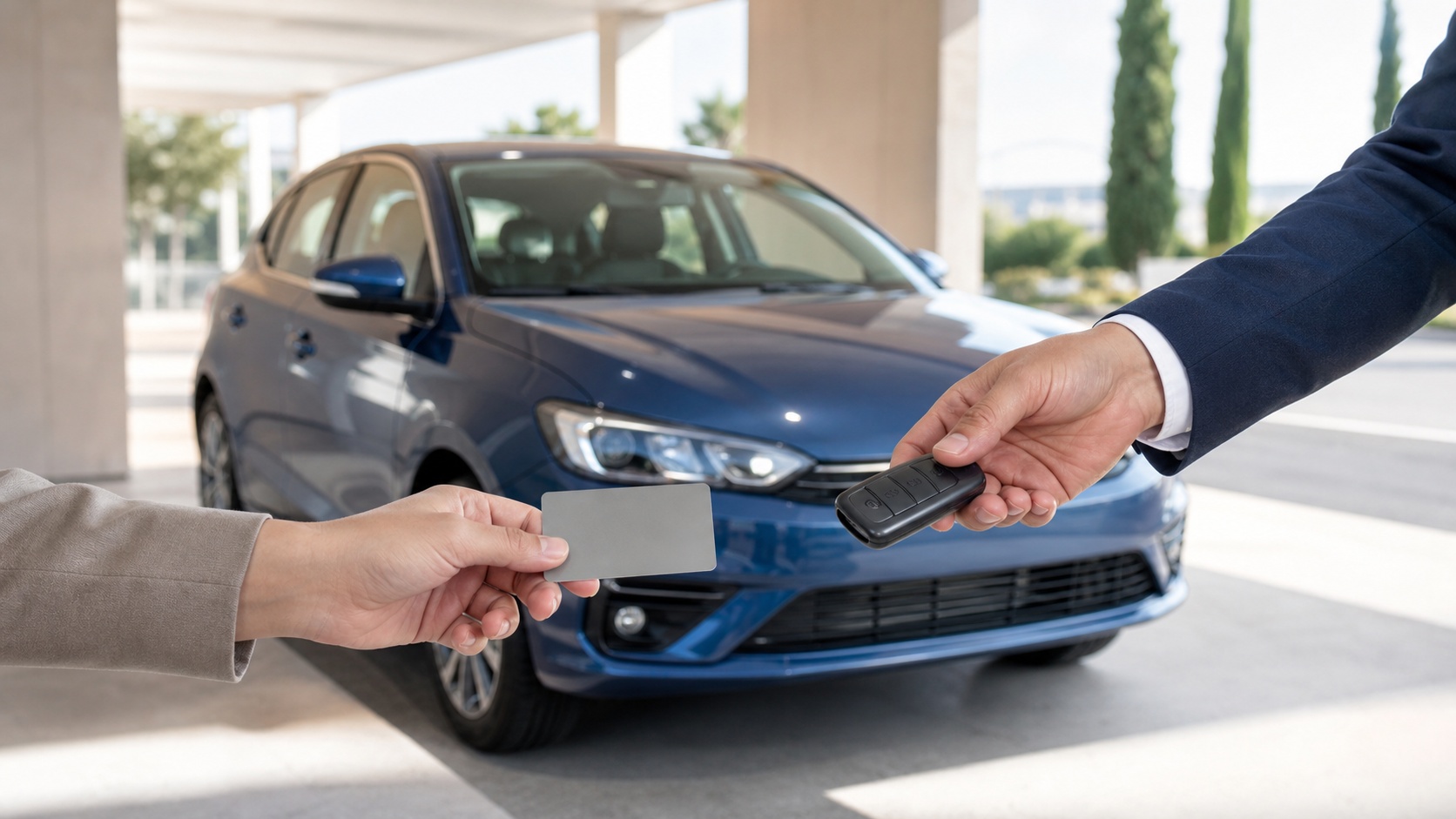 Remise des clés et carte bancaire devant une voiture de location bleue, illustrant la caution de location automobile.