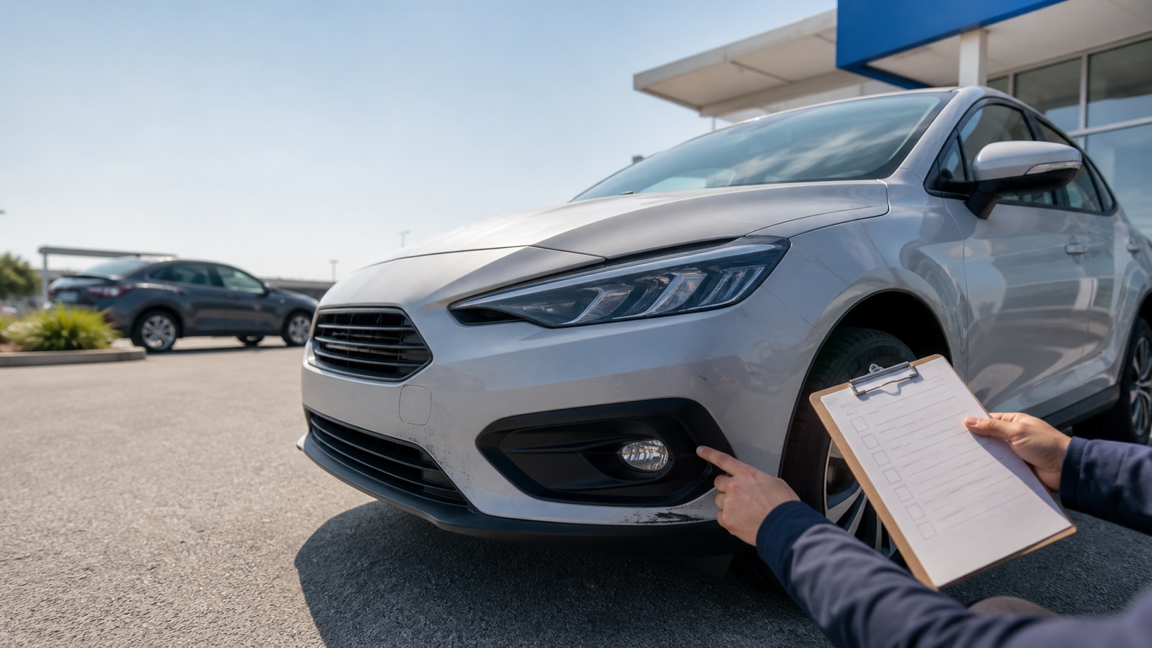 Inspection d’une voiture de location sur un parking, avec checklist de contrôle à la main avant le départ ou au retour.