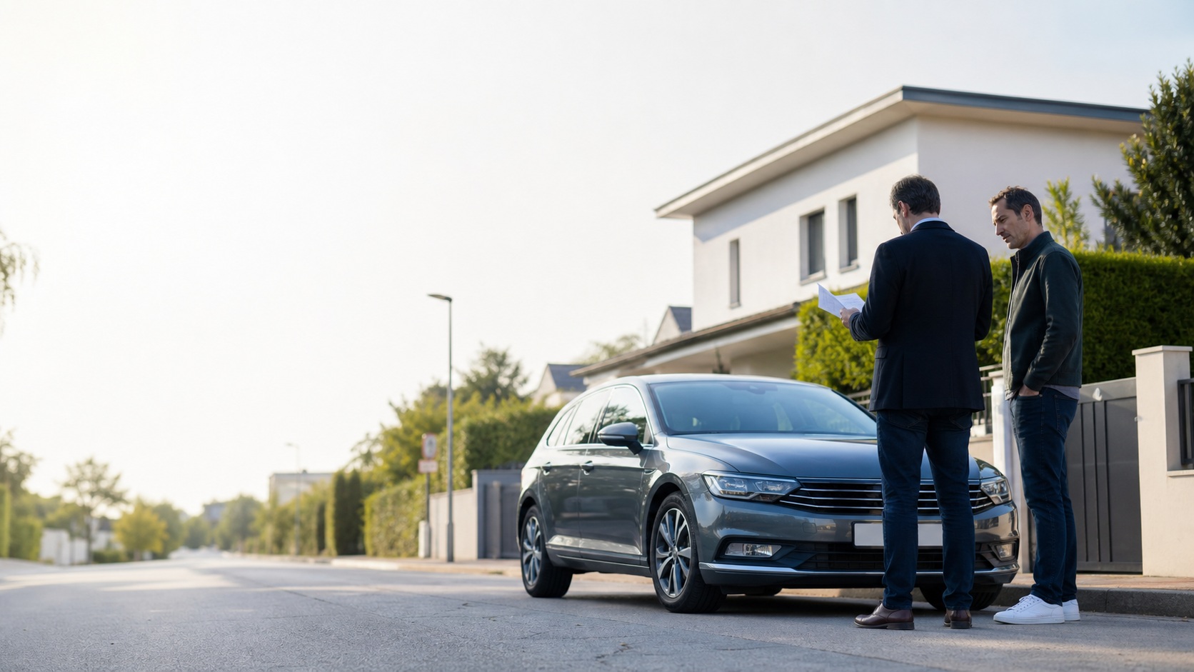 Voiture grise en leasing stationnée devant une résidence, avec un professionnel consultant un dossier et un automobiliste préoccupé