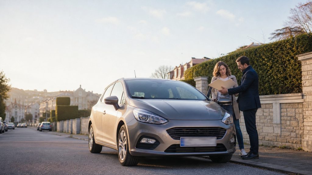 Voiture familiale garée dans une rue résidentielle française, avec une conductrice et un conseiller consultant un dossier administratif sans texte lisible.