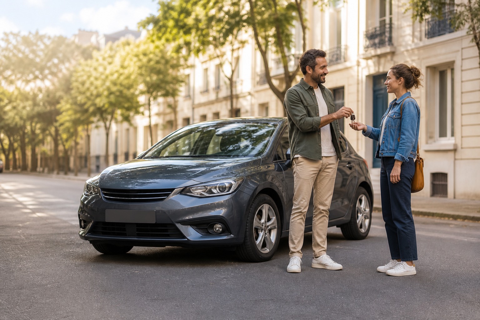 Deux personnes s’échangeant les clés d’une voiture de location dans une rue résidentielle française ensoleillée.