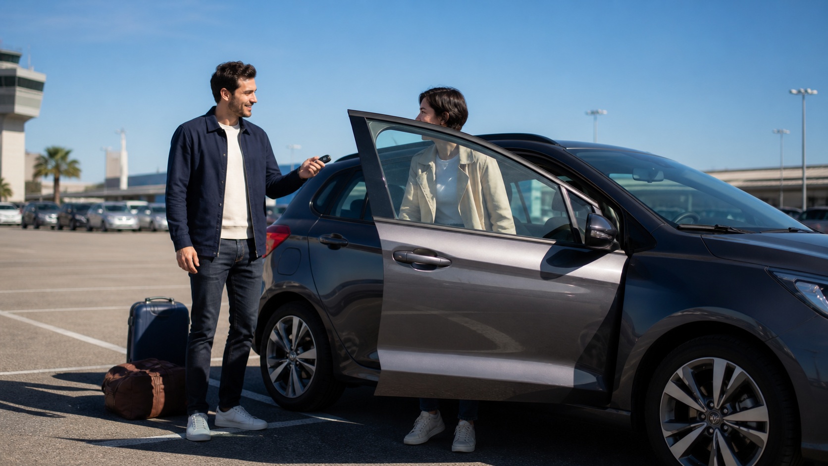 Deux voyageurs adultes se relayant au volant d’une voiture de location sur un parking d’aéroport, illustrant l’ajout d’un conducteur secondaire.