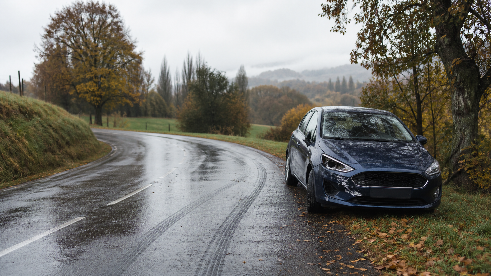 Voiture compacte bleue légèrement endommagée, arrêtée seule sur l’accotement d’une route de campagne humide en automne après une sortie de route.