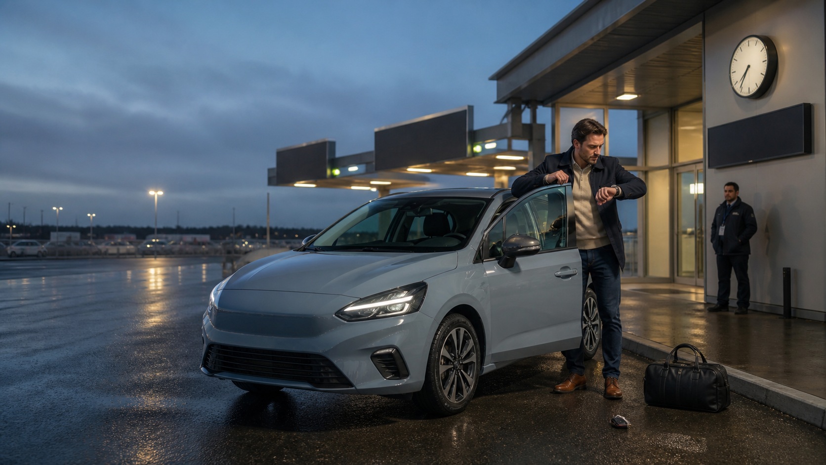 Conducteur inquiet vérifiant sa montre devant une voiture de location dans une zone de restitution d’aéroport au crépuscule.