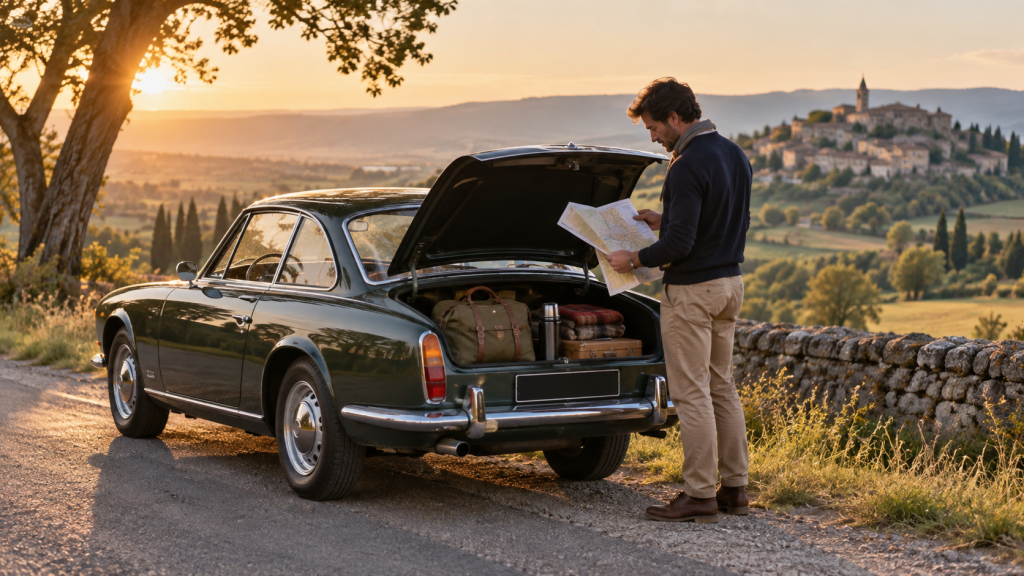 Une voiture ancienne prête pour une sortie sur route de campagne